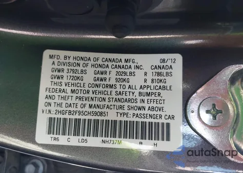 2012 Honda Civic Ex-L z USA, uszkodzony, nr VIN 2HGFB2F95CH590851